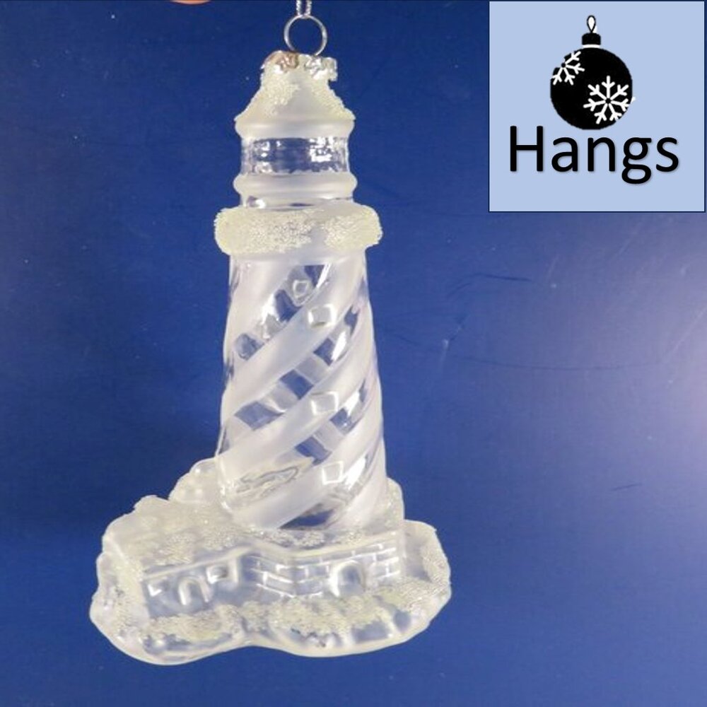Glass Lighthouse Ornament Clear & Frosted stands or hangs 6" tall